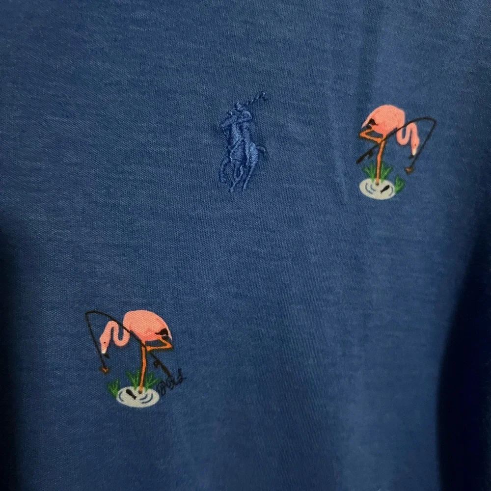 POLO‎ RALPH LAUREN Classic Flamingo Print Short Sleeve Polo Blue Pink Men's Sz S